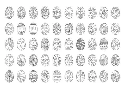 Easter eggs drawn in outline. Easter coloring book. Vector drawings of eggs with 스톡 일러스트