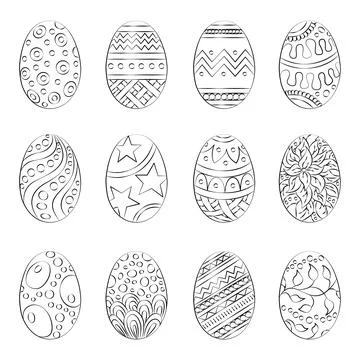 Easter eggs drawn in outline. Easter coloring book. Vector drawings of eggs with 스톡 일러스트