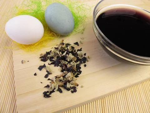 Easter eggs dyed with vegetable dye from the hollyhock flowers Stock Photos