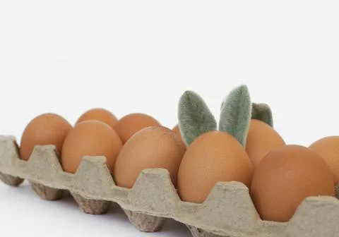 Easter eggs with ears close-up on a white background. Easter concept. Stock Photos