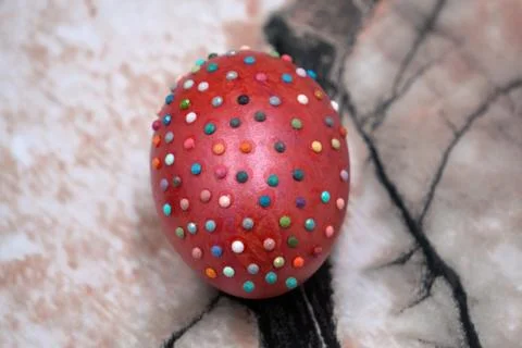 Easter eggs Egg decorated with thread and white beads in lines isolated on wh Stock Photos