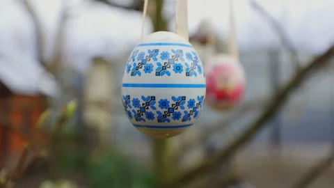 Easter eggs. Eggs are hung on a tree. Decorated eggs. Easter, holiday Stock Footage 237339156