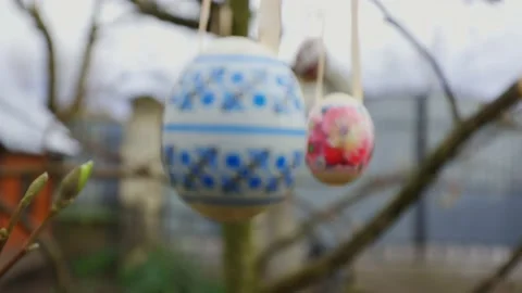 Easter eggs. Eggs are hung on a tree. Decorated eggs. Easter, holiday Stock Footage 237339157