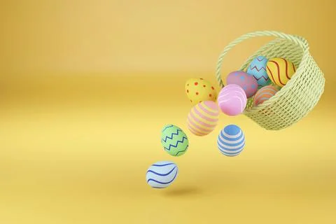 Easter eggs falling out of a basket with copy space . 3d illustration. Stock Illustration