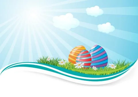 Easter eggs in field ans sun-burst ray skies with place for text, eps10 vector i Illustration