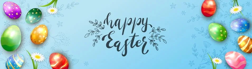 Easter Eggs with Floral Elements on Blue Banner イラスト素材