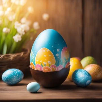 Easter eggs with flower on wood table background. Stock Photos