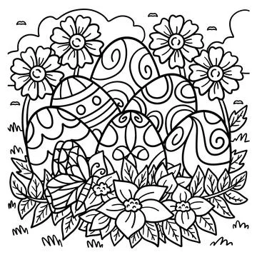 Easter Eggs with Flowers Coloring Page for Kids Stock Illustration
