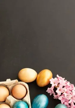 Easter eggs, flowers on dark background. Flat lay, top view, copy space. Easter Foto stock