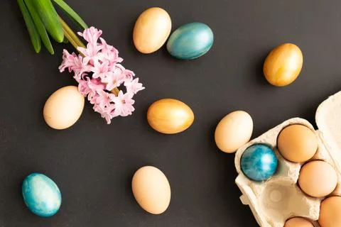 Easter eggs, flowers on dark background. Flat lay, top view, copy space. Easter Stock Photos