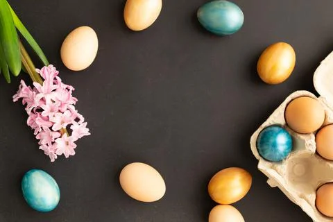 Easter eggs, flowers on dark background. Flat lay, top view, copy space. Easter Stock Photos