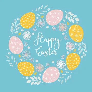Easter eggs with flowers in a round frame Stock Illustration