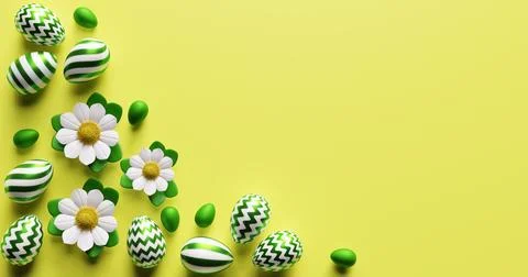 Easter eggs with flowers. Yellow background 3d rendering. Illustrazione stock
