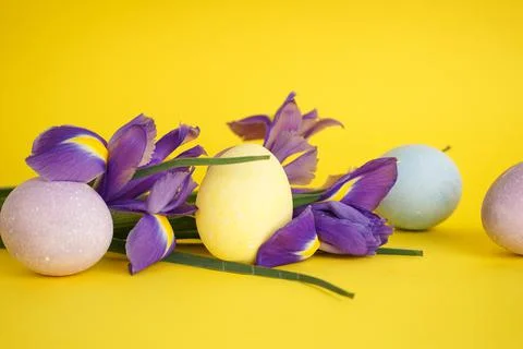 Easter eggs with flowers on a yellow background. Stock Photos