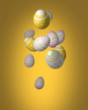 Easter eggs flying on blurred yellow background. Stock Illustration