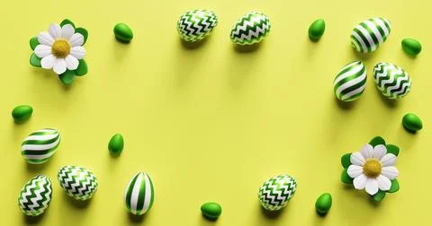 Easter eggs frame with flowers. Yellow background 3d rendering. Illustrazione stock