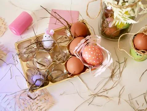 Easter eggs fresh and painted, Easter decor on a light background Stock Photos