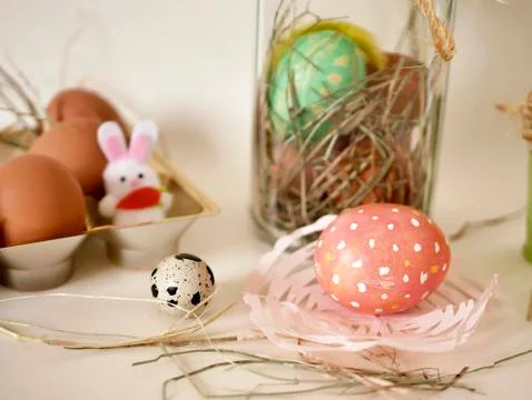 Easter eggs fresh and painted, Easter decor on a light background Stock Photos