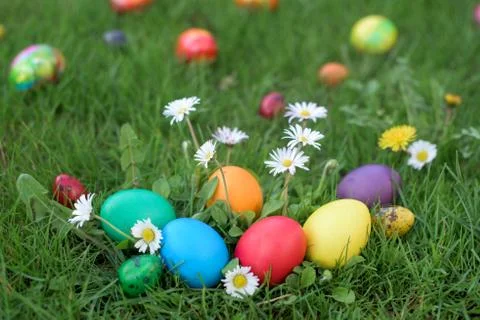 Easter eggs in a garden Stock Photos