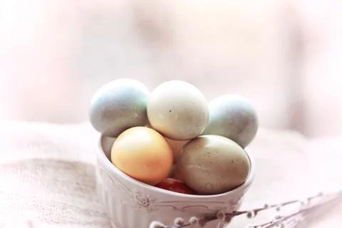 Easter eggs gentle background painted with natural colors very soft selective Stock Photos