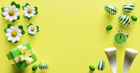 Easter eggs gift box flowers alarm clock bunny ears. 3d rendering. Stock-Illustration