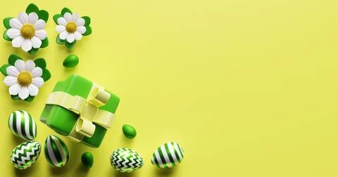 Easter eggs gift box flowers. Yellow background 3d rendering. Illustrazione stock