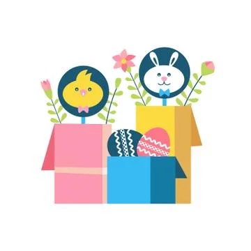 Easter eggs in gift boxes flat color vector icon Stock Illustration