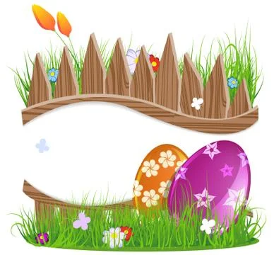 Easter eggs with grass and flowers Stock Illustration