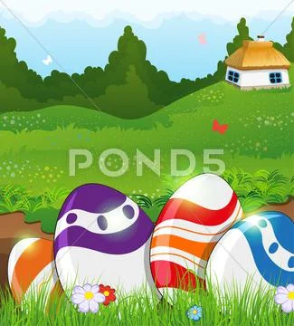 Easter eggs in the grass and rural house Stock Illustration