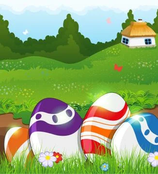 Easter eggs in the grass and rural house Stock Illustration