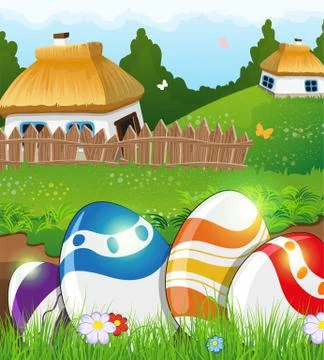 Easter eggs in the grass and rural houses 스톡 일러스트