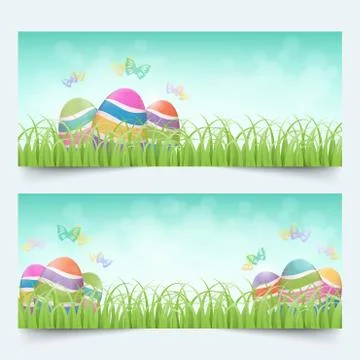 Easter eggs grass banners set Stock Illustration