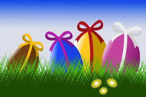 Easter eggs in the grass with blue sky Stock Illustration