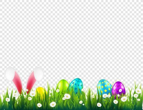 Easter eggs on grass with bunny rabbit ears set. Spring holidays in April Stock-Illustration