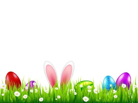 Easter eggs on grass with bunny rabbit ears set. Spring holidays in April 库存插图