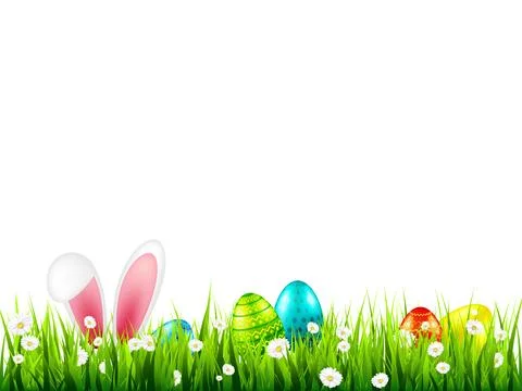 Easter eggs on grass with bunny rabbit ears set. Spring holidays in April 스톡 일러스트