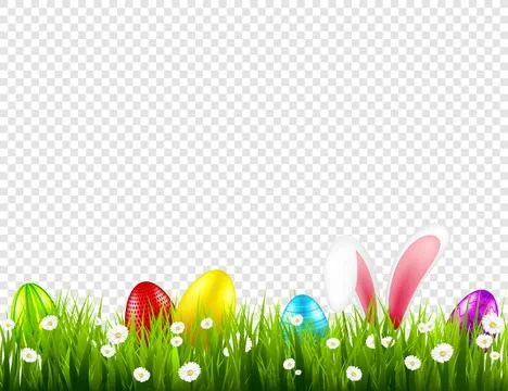 Easter eggs on grass with bunny rabbit ears set. Spring holidays in April 库存插图