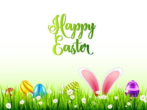 Easter eggs on grass with bunny rabbit ears set. Spring holidays in April 库存插图
