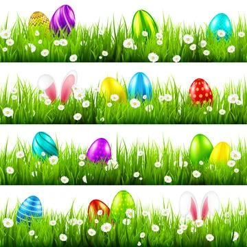 Easter eggs on grass with bunny rabbit ears set. Spring holidays in April Illustrazione stock