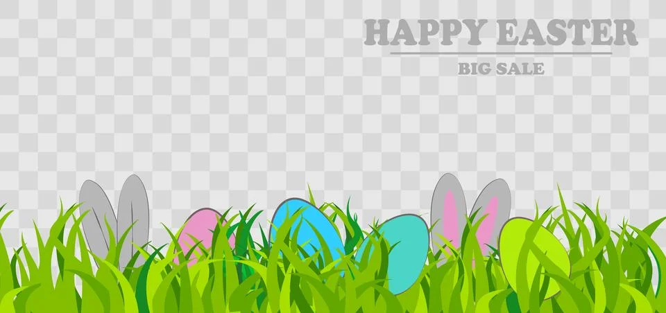 Easter eggs on grass with bunny rabbit ears set. Spring holidays in April Stock Illustration