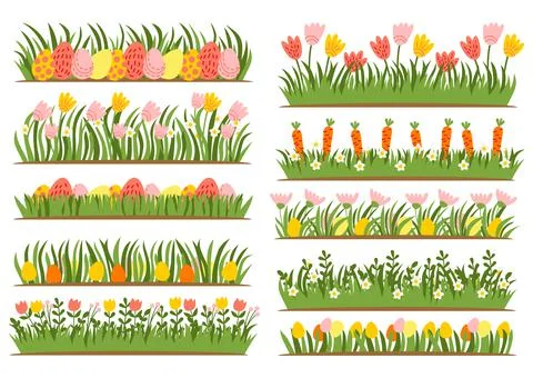 Easter eggs on grass with flower set Stock Illustration