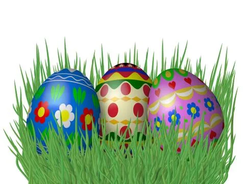 Easter eggs on grass isolated on white background Stock Illustration