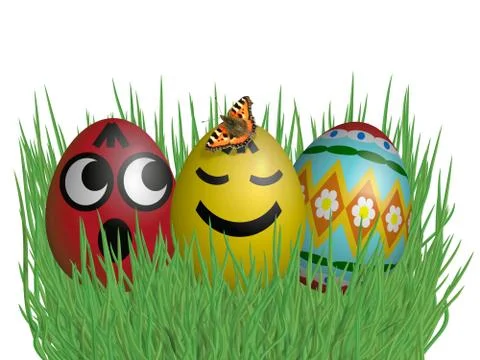 Easter eggs on grass isolated on white background Stock Illustration