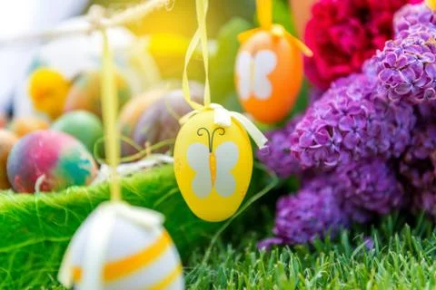 Easter eggs in grass Stock Photos