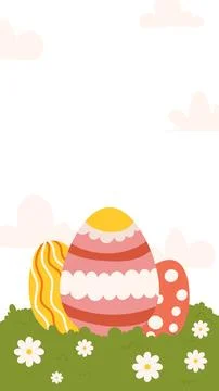 Easter eggs grass sky background greeting card template vertical banner soc.. イラスト素材