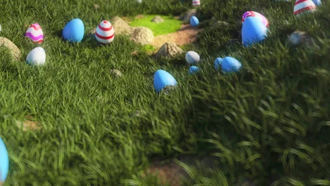 Easter eggs on the grass. Sunny positive climate. Beautiful surroundings and Stock Footage 153308128
