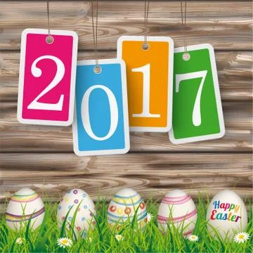 Easter Eggs Grass Worn Wood Price Stickers 2017 Stock Illustration