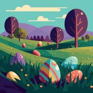 Easter eggs in a grassy field Stock Illustration