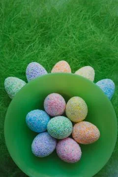 Easter eggs on green background Stock Photos