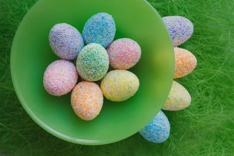 Easter eggs on green background Stock Photos